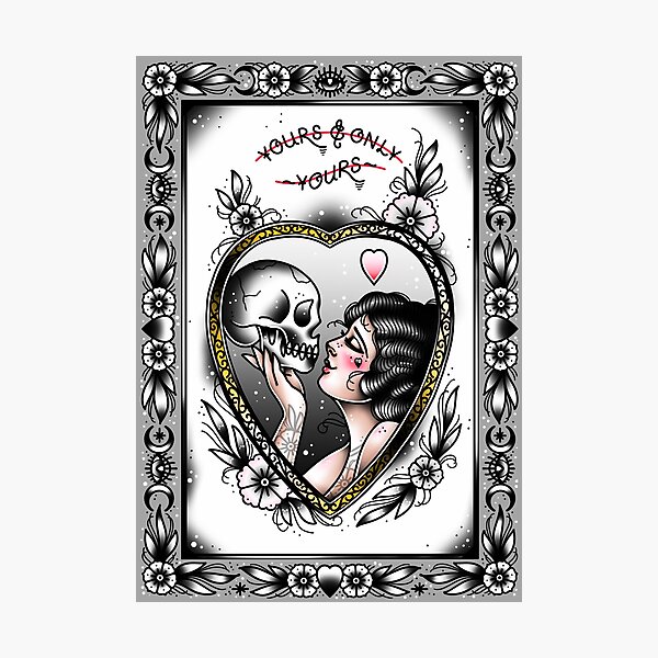 Item preview, Yours and Only Yours Romance Vintage Lady with Skull Cute Traditional Flash Tattoo designed and sold by Ella Mobbs.