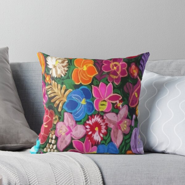 Embroidery Oaxaca mexican flowers vibrant maximalist decoration Throw Pillow