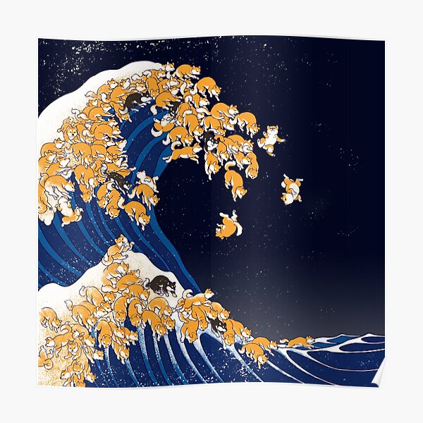 Shiba Inu The Great Wave in Night Poster