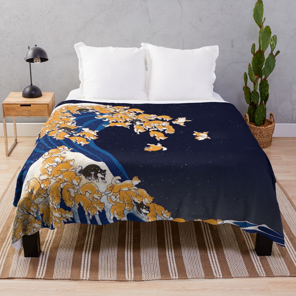 Shiba Inu The Great Wave in Night Throw Blanket