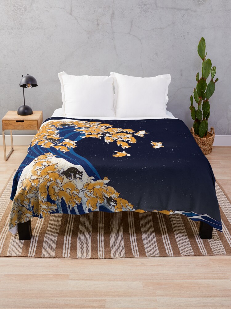Thumbnail 1 of 6, Throw Blanket, Shiba Inu The Great Wave in Night designed and sold by bignosework.