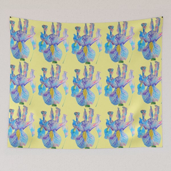 Item preview, Iris Watercolor Painting - Blue with Raindrops - on Lemon Yellow designed and sold by Sarah  Rajkotwala.