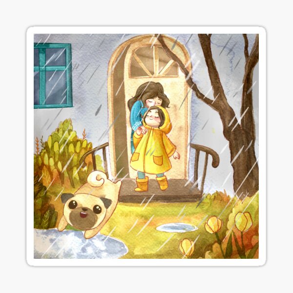 Mouse's Splashy Tuesday - Girl Playing in Rain with Pug Sticker