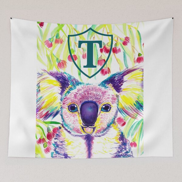 Item preview, Letter T Personalized Rainbow koala in blooming eucalyptus tree designed and sold by orangerinka.