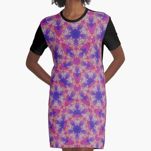 Gold Pink and Purple Mandala and Star Pattern Graphic T-Shirt Dress