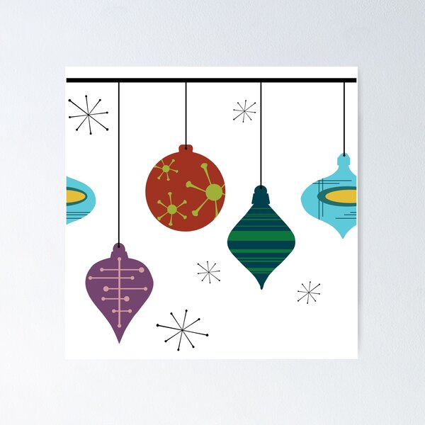 Mid-Century Modern Hanging Holiday Ornament Bulb Starbursts Poster
