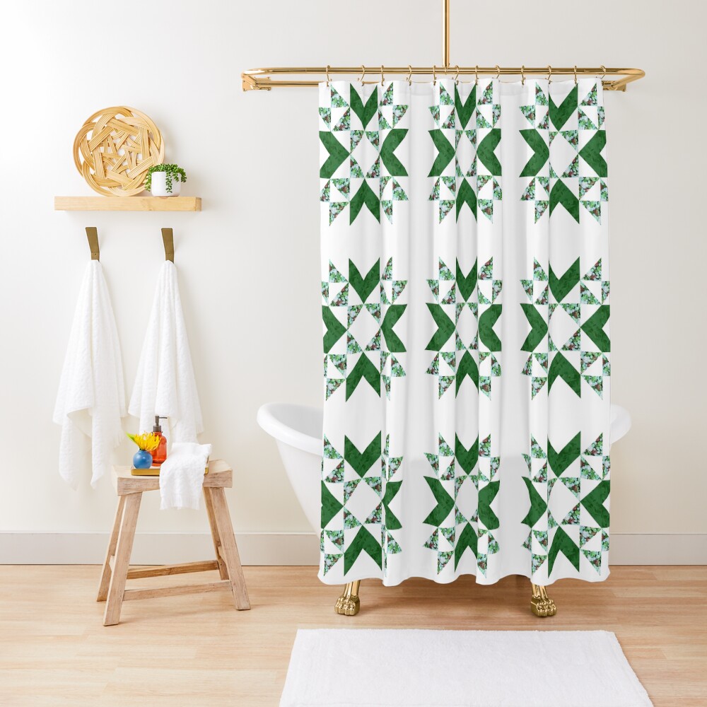 "Traditional vintage quilt block pattern green" Shower Curtain by
