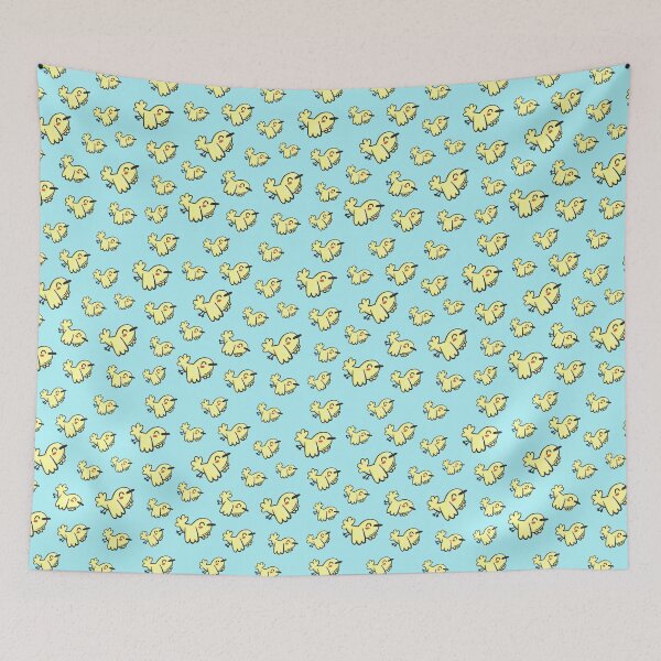 Item preview, pattern yellow funny flying little bird on a blue background designed and sold by ptichkaJL.