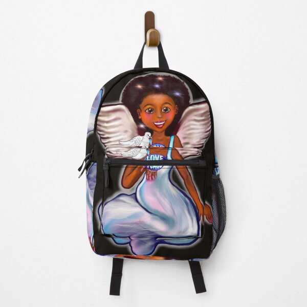 Item preview, Angel with dove love joy and peace - Black angel of peace ! With glow, Afro hair, green eyes, Cherry pink lips and dark brown skin. Hair love ! designed and sold by Artonmytee.