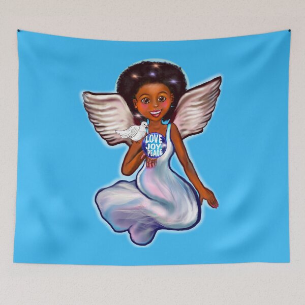Item preview, Angel with dove love joy and peace - Black angel of peace ! With glow, Afro hair, green eyes, Cherry pink lips and dark brown skin. Hair love ! designed and sold by Artonmytee.