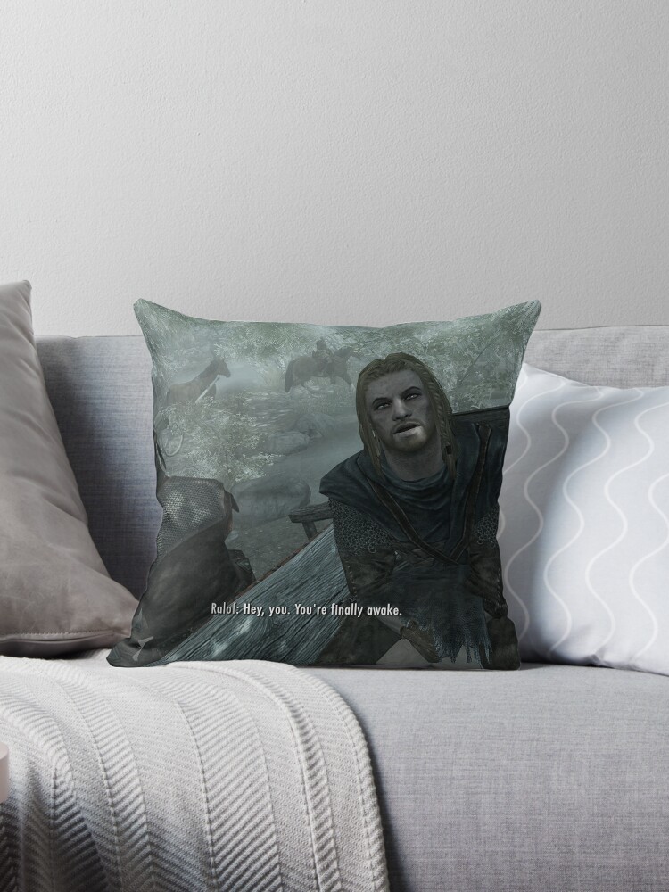 Skyrim Pillow Skyrim Mug Hey You You Re Finally Awake Throw Pillow By Giftplease Redbubble