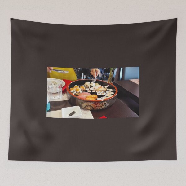 Item preview, various oriental sushi dishes at the restaurant and fish on a plate with black algae designed and sold by alessiapenny.
