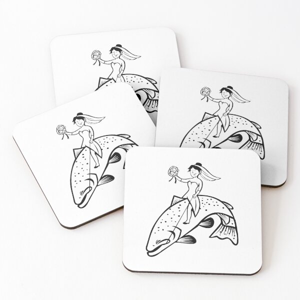Item preview, Bride Female Fisherman with Flower Bouquet Riding a Steelhead Trout Cartoon Black and White designed and sold by patrimonio.