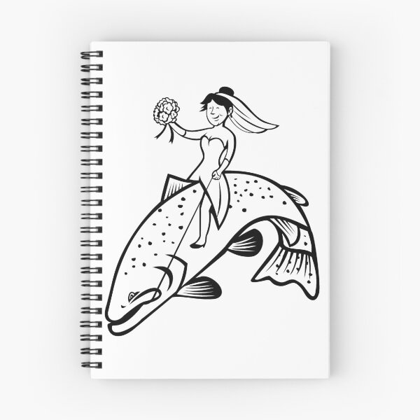 Item preview, Bride Female Fisherman with Flower Bouquet Riding a Steelhead Trout Cartoon Black and White designed and sold by patrimonio.