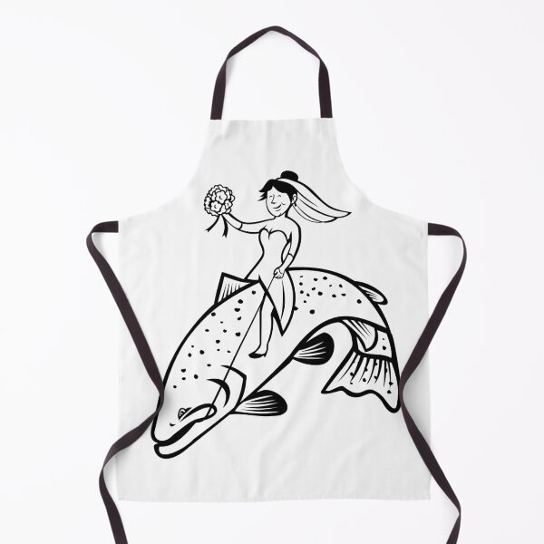 Item preview, Bride Female Fisherman with Flower Bouquet Riding a Steelhead Trout Cartoon Black and White designed and sold by patrimonio.