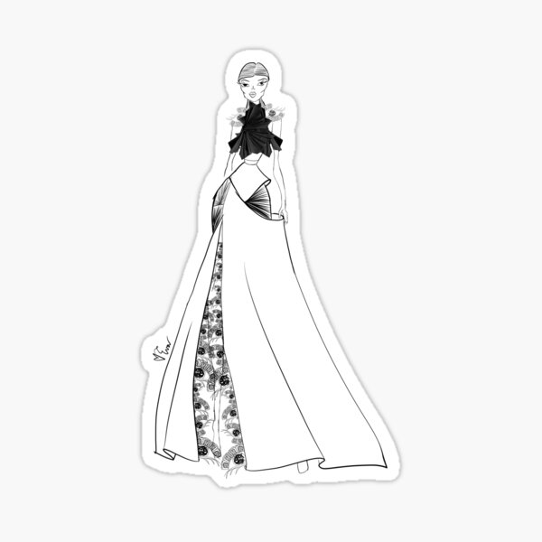 Vietnamese Porcelain Dragon and Cloud Inspired Evening Wear Asian Fashion Illustration - Iteration #42 Sticker