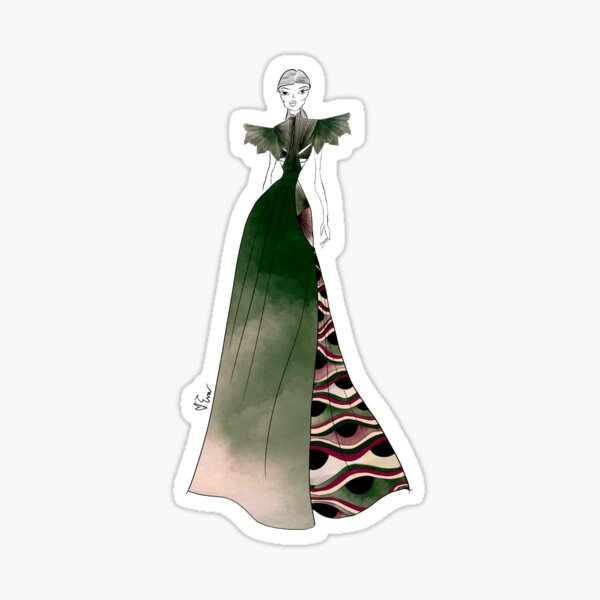 Asian Hand Fan and Eye Inspired Ballgown Fashion Illustration - Iteration #36 Undertone Palette Sticker