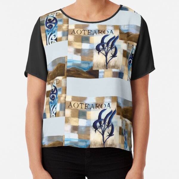 Abstract Landscape with Blue Flax Flower Floral quote Aotearoa Land Chiffon Top