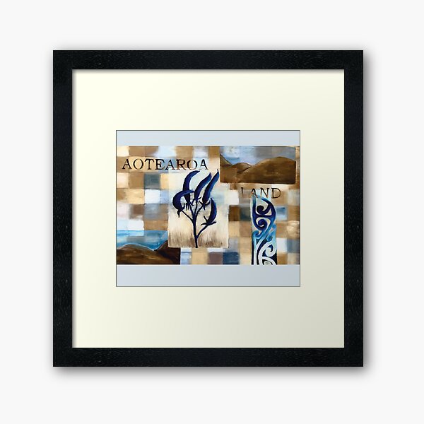 Abstract Landscape with Blue Flax Flower Floral quote Aotearoa Land Framed Art Print