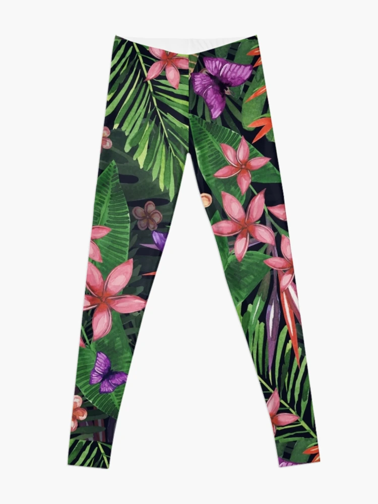 Tropical flowers pattern of exotic flower and plants. Realistic watercolor  painting jungle: exotic flowers, butterfly and leaves. Exotic tropical  background. Leggings for Sale by Mehendra