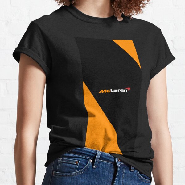 Mclaren formula uno F1 logo diseño negro y naranja Camiseta clásica