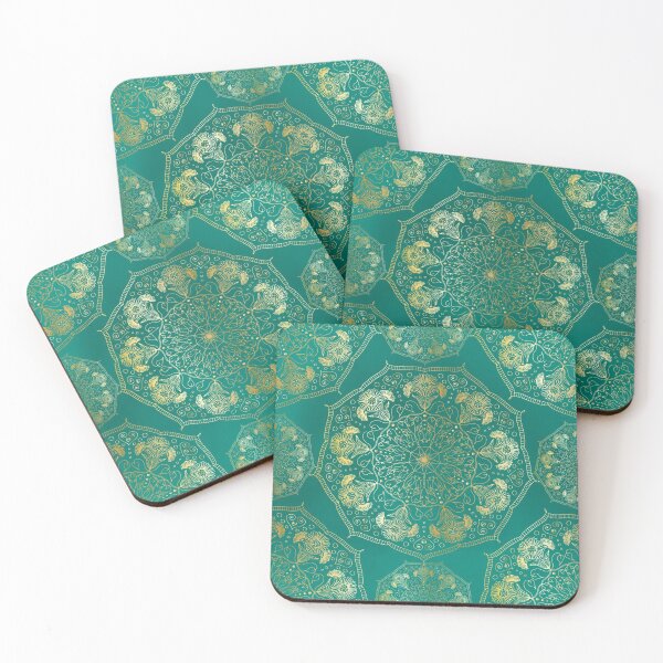 Item preview, Pretty and Elegant Yellow Gold Daisy Flower & Snowdrops Floral Mandala on Teal Green designed and sold by Karen McFarland.