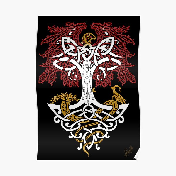 Yggdrasil and Creatures Norse Mythology Knotwork Coloured Poster