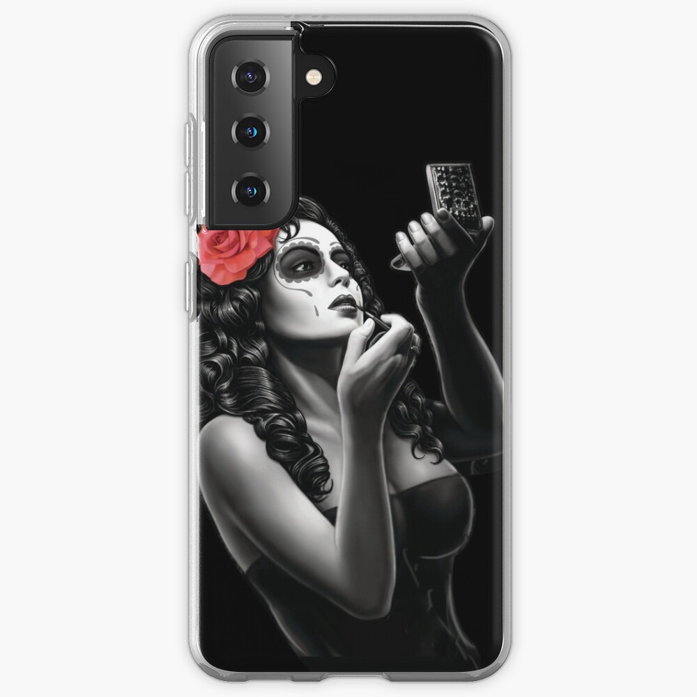 sugar skull tattoo girl with red rose art Samsung Galaxy Phone Case