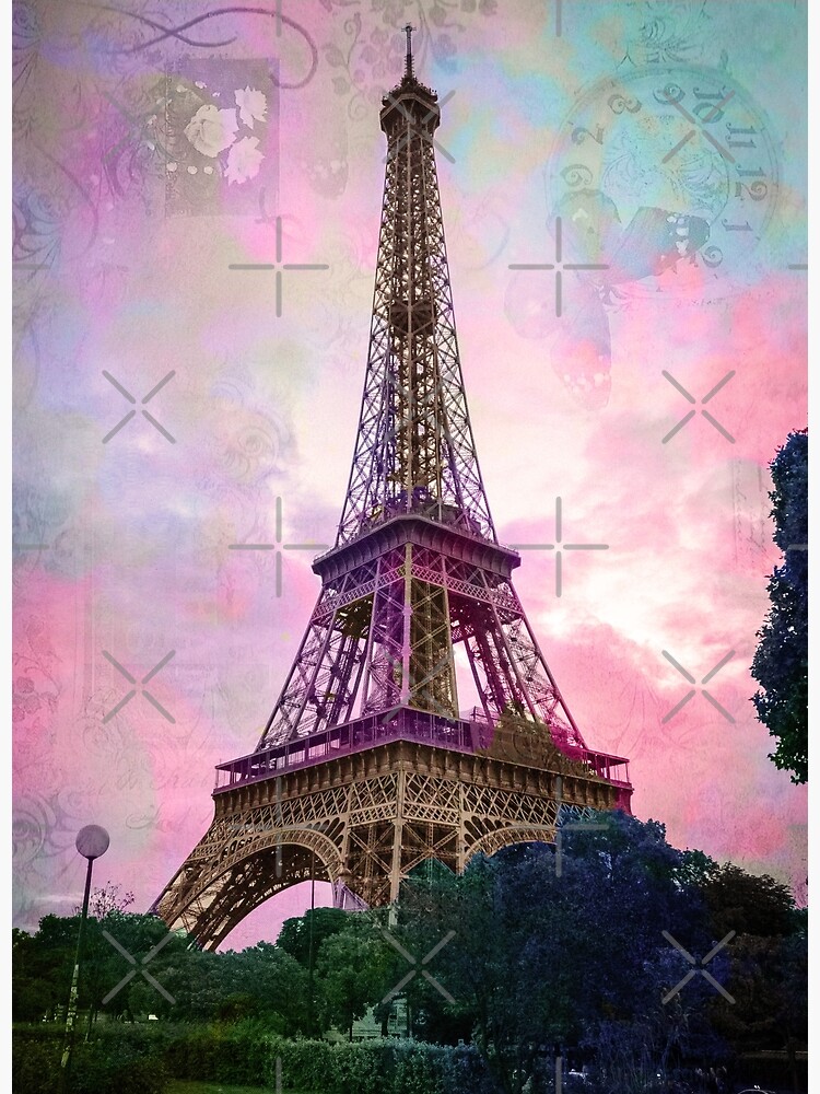 Disover Vintage Eiffel Tower Butterfly Stamps Paris France Premium Matte Vertical Poster