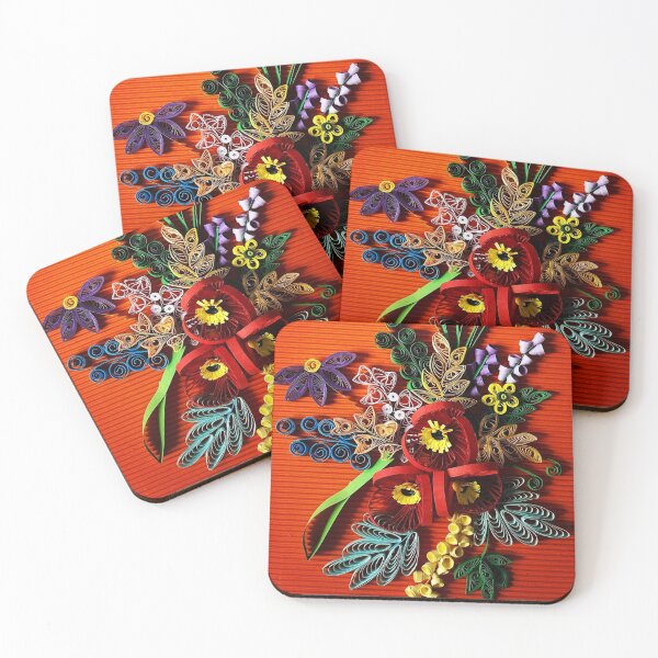 Item preview, Poppies and lavender paper flowers, quilled flowers on red background (THIS IS A PRINT) designed and sold by folkyouall.