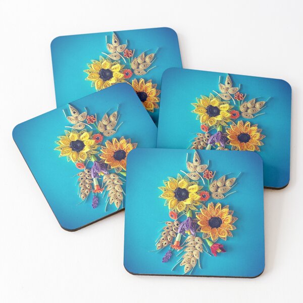 Item preview, Sunflowers and wheat, quilled sunflowers and wheat on blue background (THIS IS A PRINT) designed and sold by folkyouall.