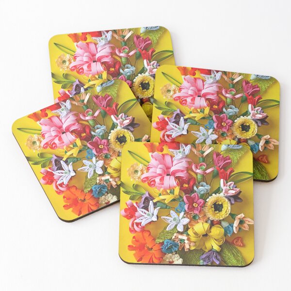 Item preview, Mixed flowers, paper flowers, quilled flowers on yellow background (THIS IS A PRINT) designed and sold by folkyouall.