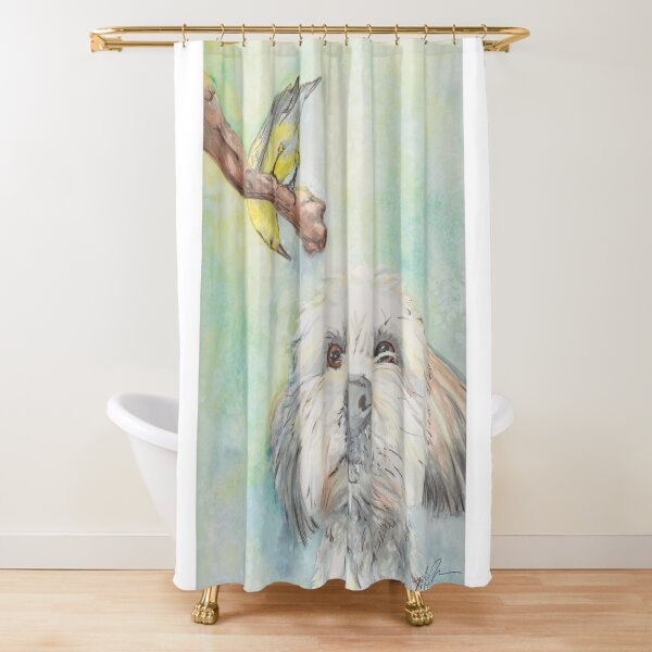 The Pup and the Bird Watercolor Shower Curtain