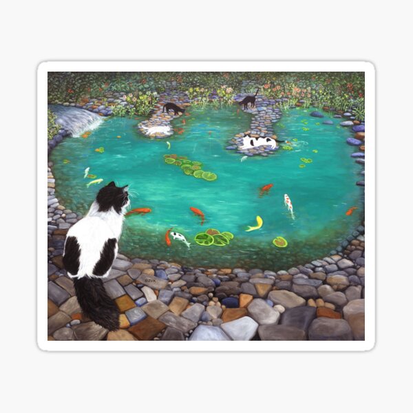 Tuxedo Cat watching family at the koi pond. Sticker