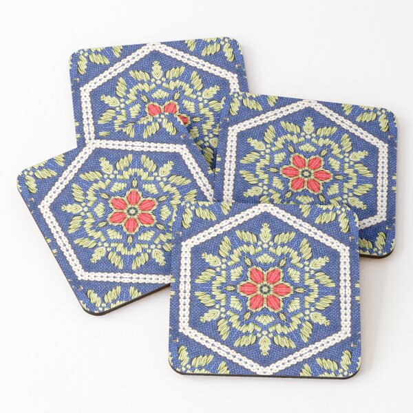 Item preview, Scandinavian embroidery blue, white and red flower and green leaves designed and sold by Digibee.