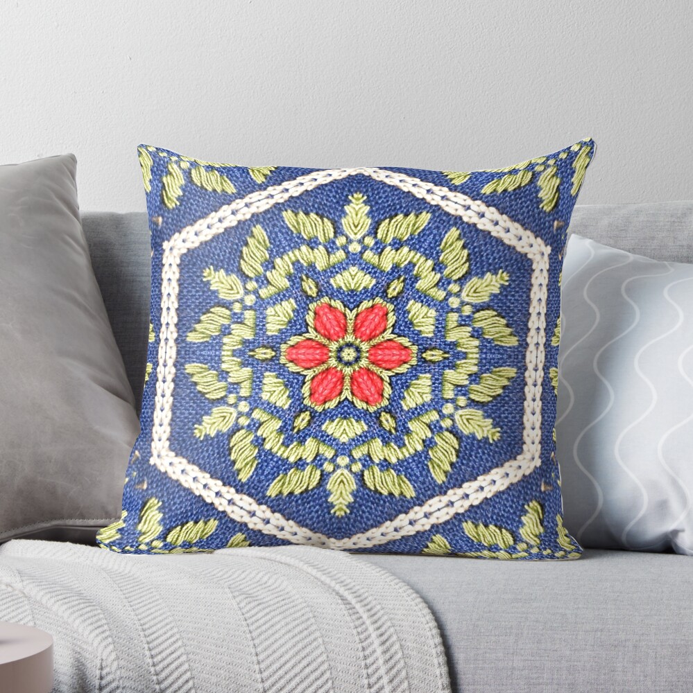 Scandinavian embroidery blue, white and red flower and green