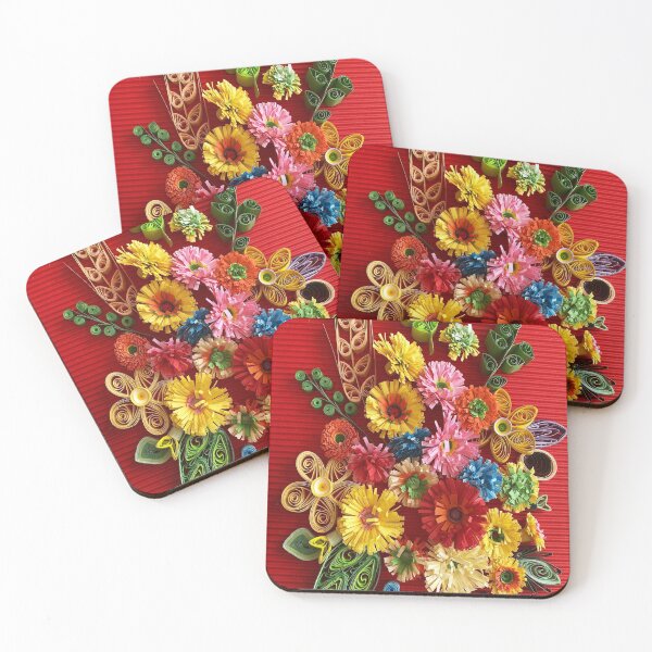 Item preview, Multicolour paper flowers and wheat, quilled flowers on red background (THIS IS A PRINT) designed and sold by folkyouall.