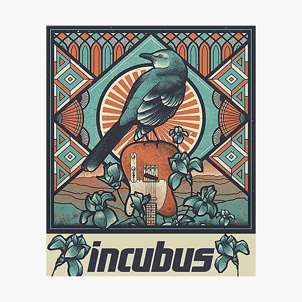 Incubus - ilustración original, gráfico de cartel musical, pájaro y flores. Estética de estilo vintage. Lámina fotográfica