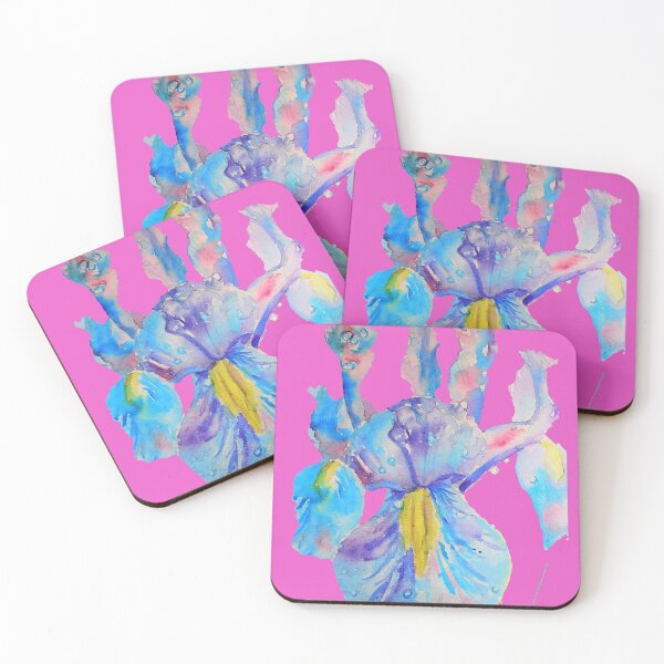 Item preview, Iris Watercolor Painting - Blue with Raindrops - on Magenta Pink designed and sold by Sarah  Rajkotwala.