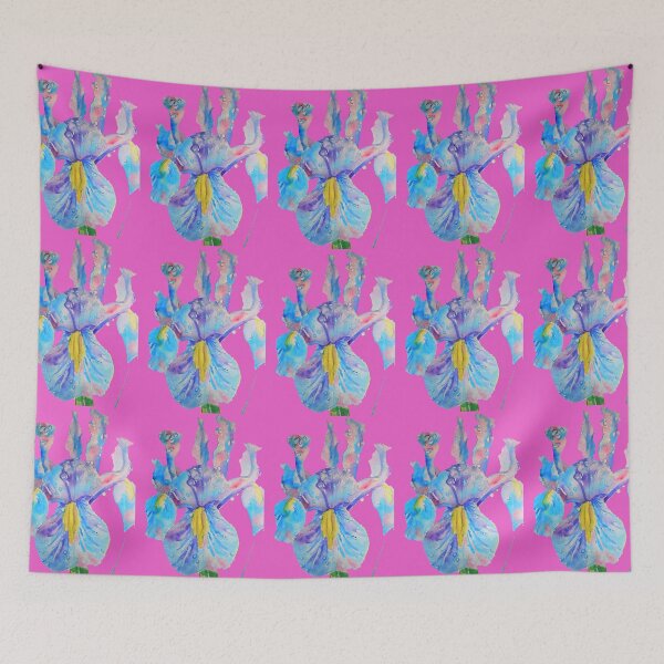 Item preview, Iris Watercolor Painting - Blue with Raindrops - on Magenta Pink designed and sold by Sarah  Rajkotwala.