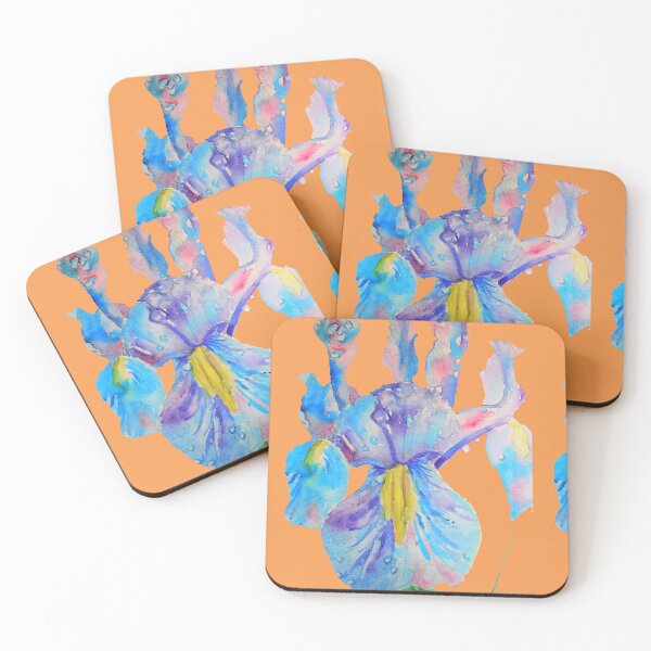 Item preview, Iris Watercolor Painting - Blue with Raindrops - on Orange designed and sold by Sarah  Rajkotwala.