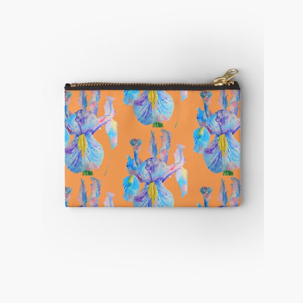 Artikelvorschau, Iris Aquarell - Blau mit Regentropfen - auf Orange entworfen und verkauft von Sarah  Rajkotwala.