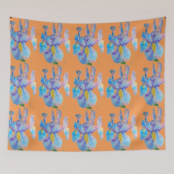 Item preview, Iris Watercolor Painting - Blue with Raindrops - on Orange designed and sold by Sarah  Rajkotwala.