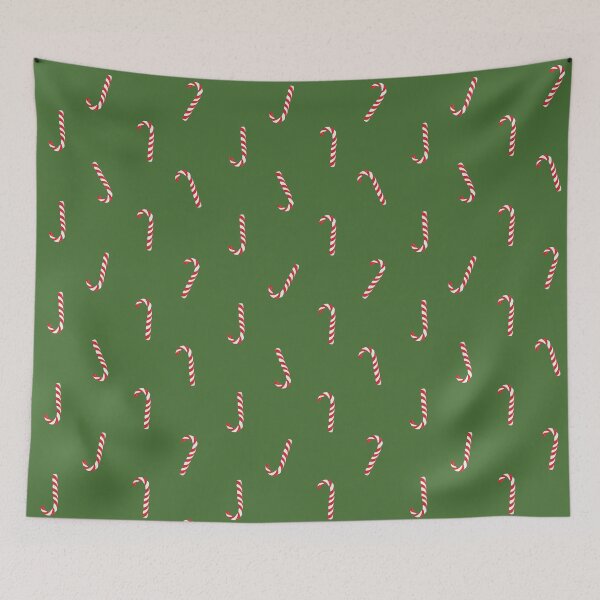 Item preview, J shaped Christmas candy with white and red strips on green background repeat pattern designed and sold by abhishekarts.