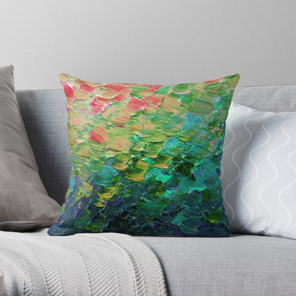 MERMAID SCALES 4 Rainbow Colorful Ombre Ocean Waves Abstract Acrylic Impasto Painting Teal GreenArt Throw Pillow