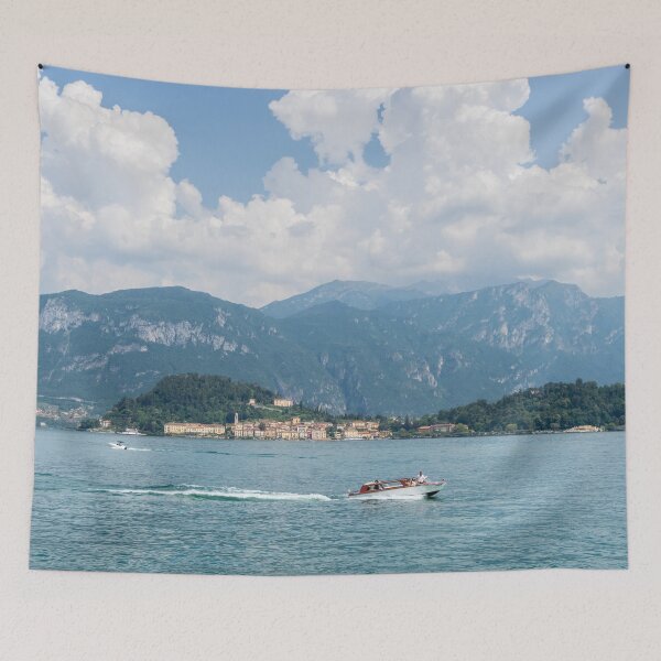 Item preview, Powerboating Across Lake Como - White Boat and Bellagio Village designed and sold by Georgia Mizuleva.