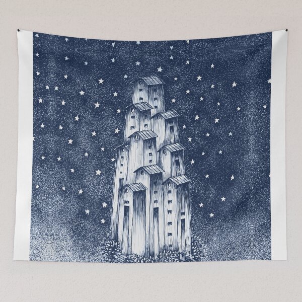Item preview, Copy of Starry night with full of stars in the sky as a backdrop against an abstract colony of tall houses - Blue designed and sold by Wiggly Lines.