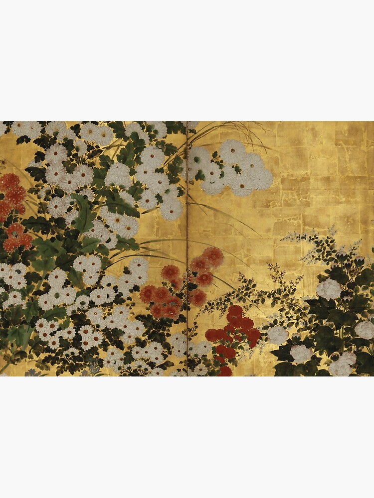 White Red Chrysanthemums Floral Japanese Gold Screen Print by bragova