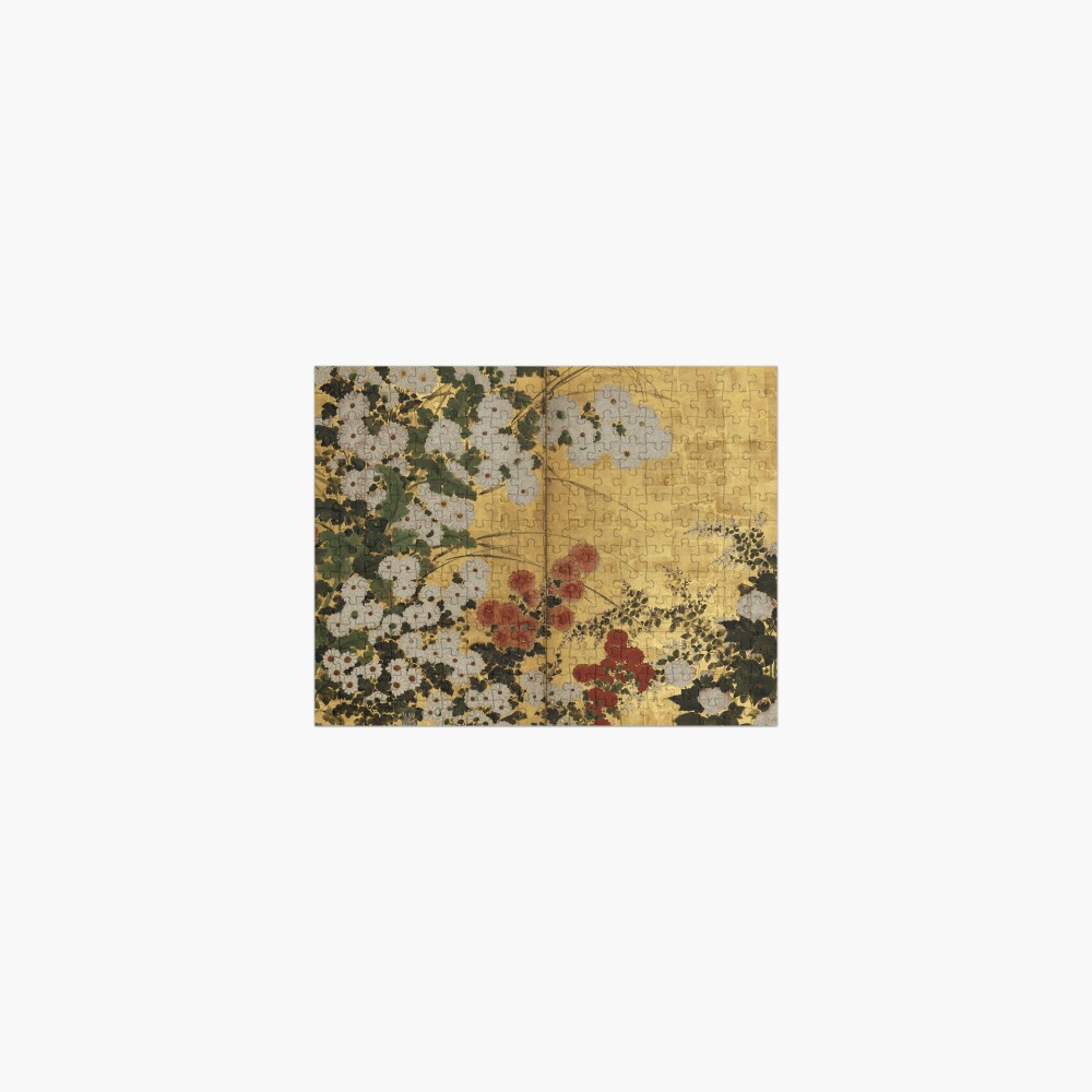 White Red Chrysanthemums Floral Japanese Gold Screen Print Jigsaw Puzzle