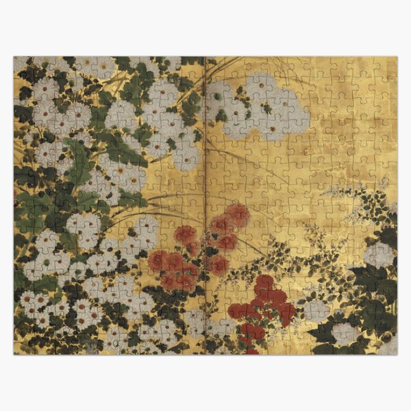 Artikel-Vorschau von Weißer roter Chrysanthemen-Blumen-japanischer Gold-Siebdruck, designt und verkauft von Vicky Brago-Mitchell®.